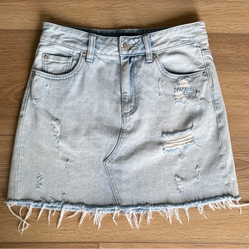 1. State Light Blue Distressed Denim Mini Skirt